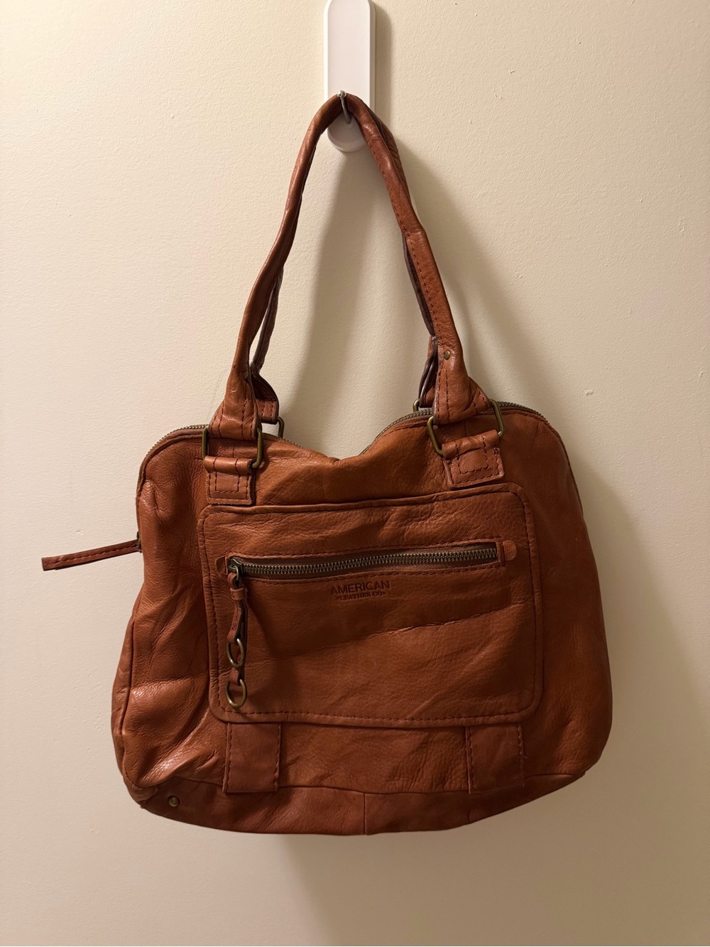 American Leather Co Cognac Genuine Leather Satchel Shoulder Bag Boho - Picture 2 of 11